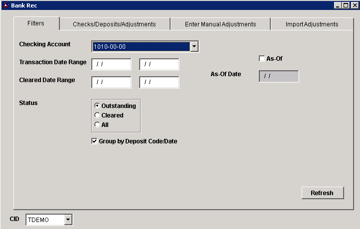 Bank Reconciliation Screen