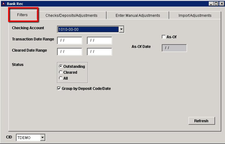 Bank Reconciliation Filter Tab