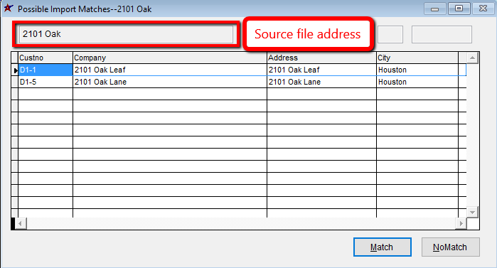 Address Matching screen