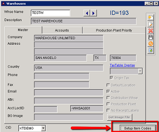 Setup Item Codes for new Warehouse - Click for larger image