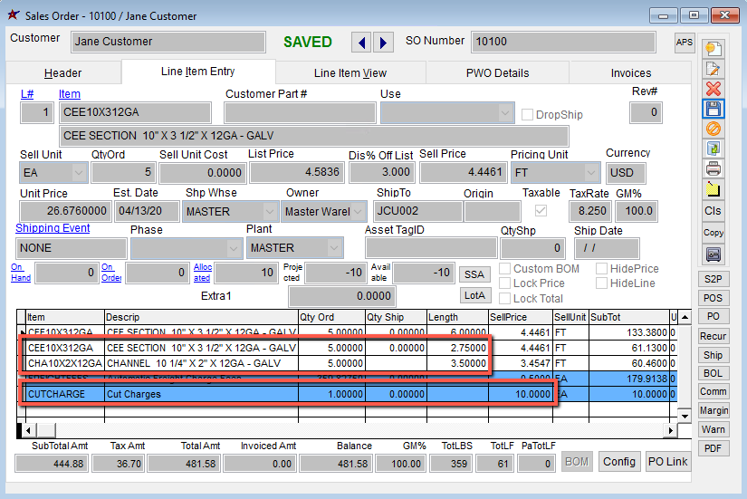 Cut Charge Setup Screen