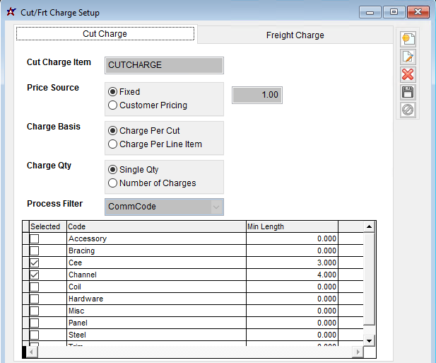 Cut Charge Setup Screen