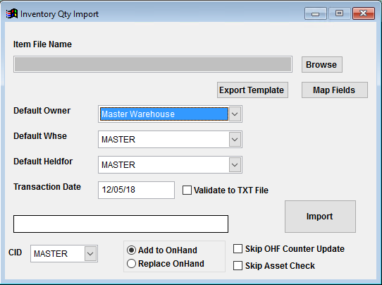 Inventory Quantity Import Screen