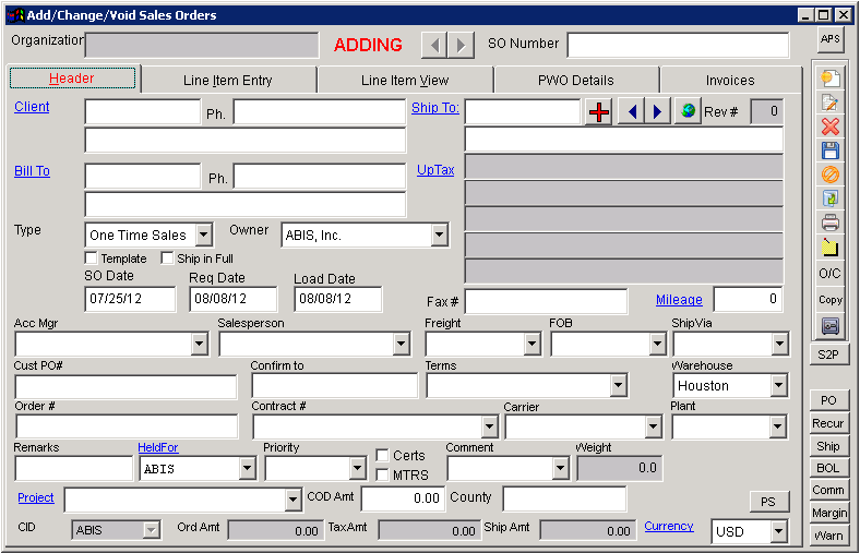 Sales Order Screen