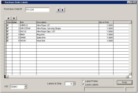 Purchase Order Labels Screen