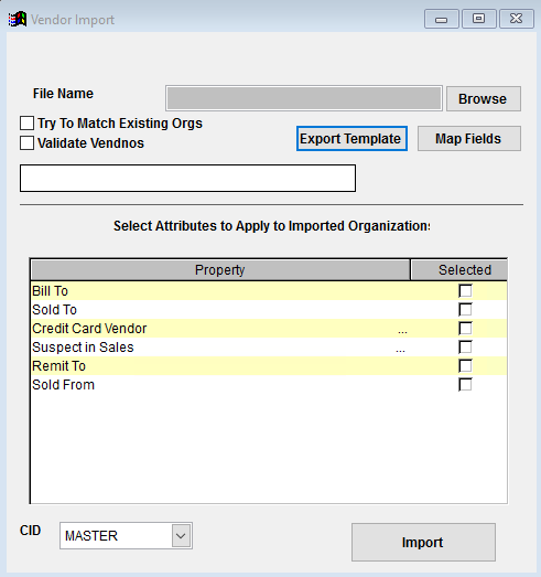 Vendor Import Screen