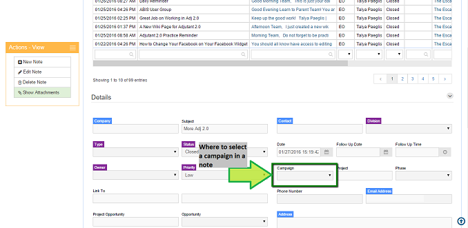 Where to select a campaign in a note
