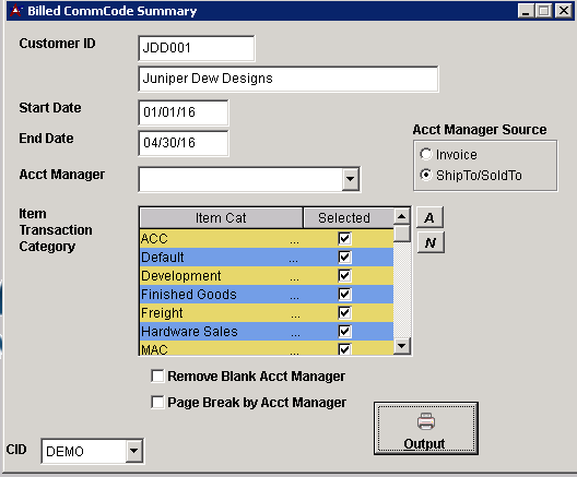 Billed CommCode Summary Screen