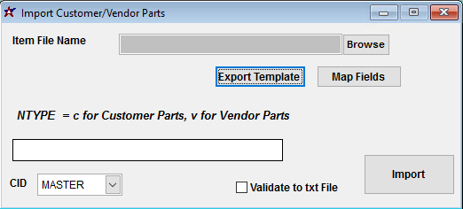 Customer/Vendor Part Import Screen