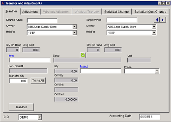 Transfer and Adjustments Screen