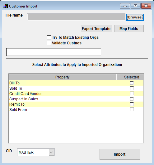 Customer Import Screen