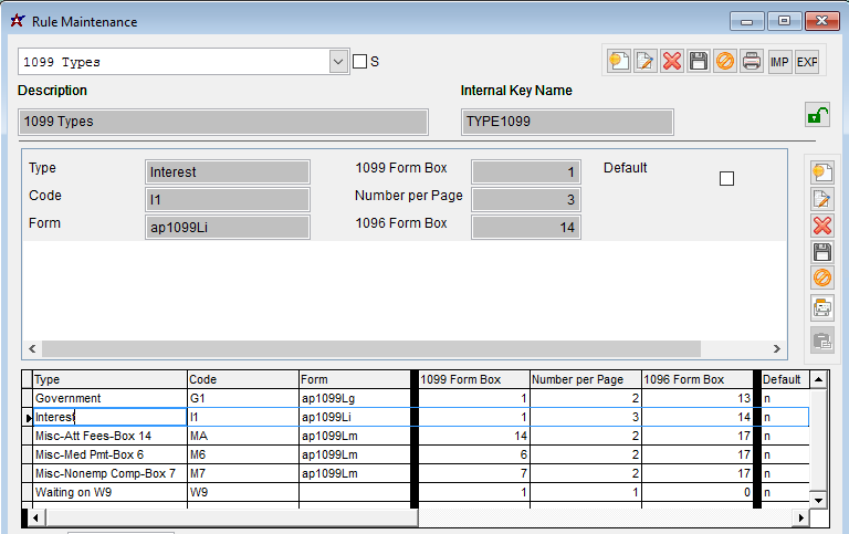 1099 Types Rule Maintenance screen