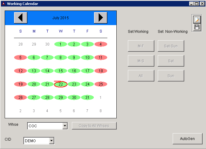 Working Calendar Screen