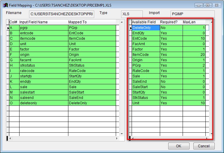 Map the spreadsheet to the database