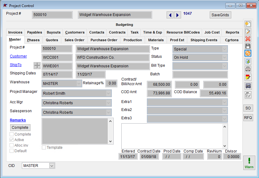 Project Control Master screen