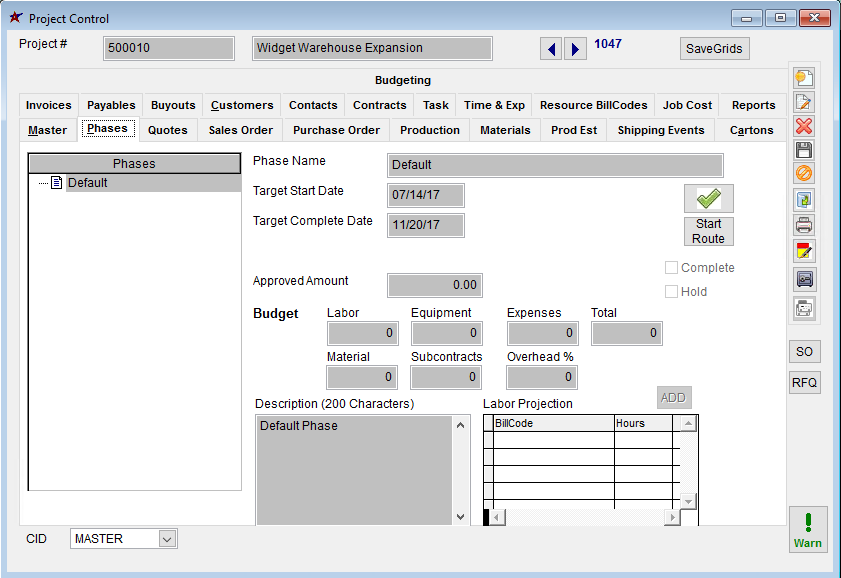 Project Phases screen