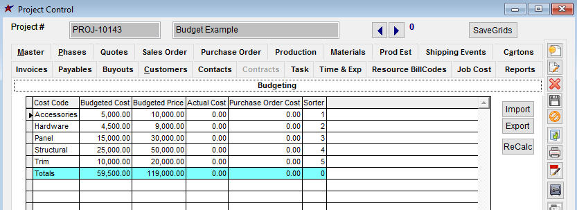 Project Budgeting screen