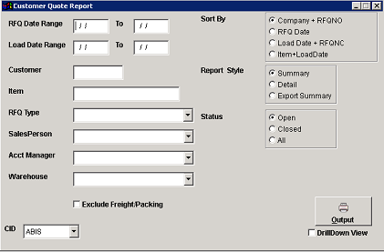 Quote Report screen - Click here for larger image