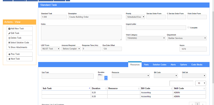 Standard Task Maintenance Screen with Task Displayed